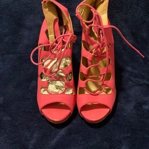 Pink strappy open toe heels